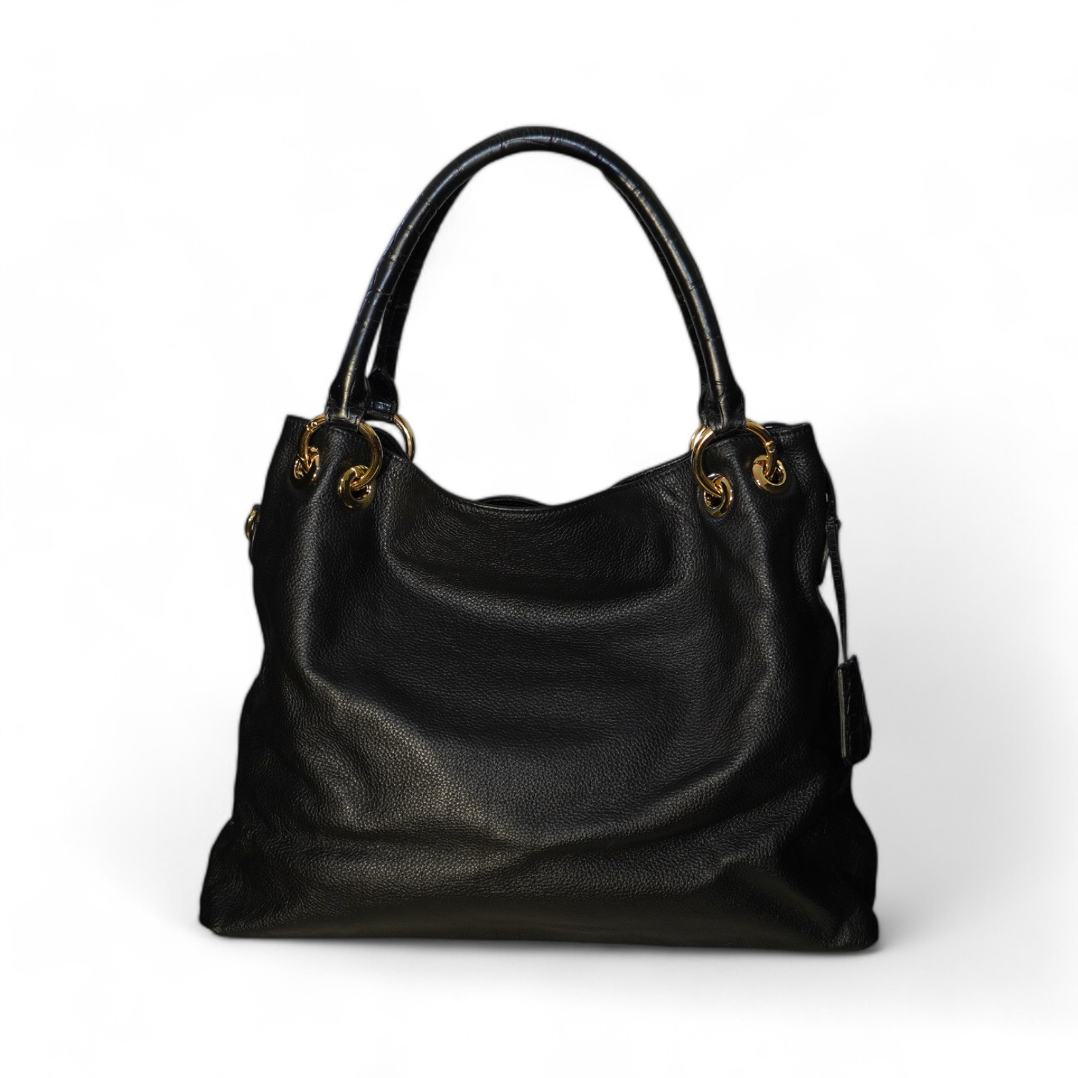 A black leather Prada handbag